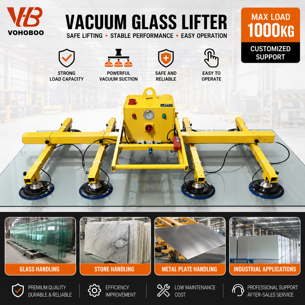 CE Certified 400-1000kg Electric Vacuum Glass Suction Cup Lifter Battery Powered Mobile Glazing Robot for Construction Granite Marble Panel Handling